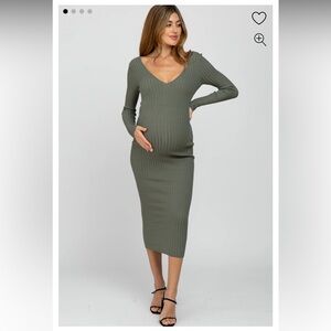 Light Olive V-Neck Long Sleeve Fitted Maternity Maxi Dress